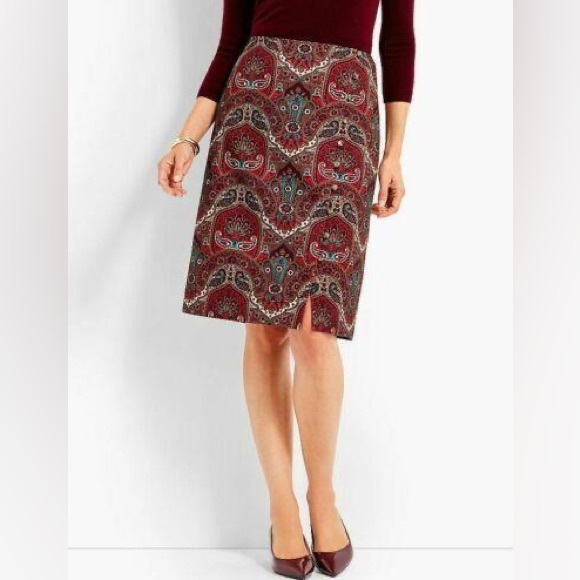 NWOT Talbots Red Opulent Damask Button-front Faux Wrap Pencil Skirt - Picture 2 of 16